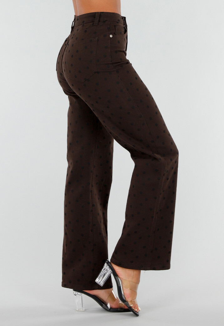 Donkerbruine Denim Straight Leg Jeans met Zwarte Stippen en Hoge Taille