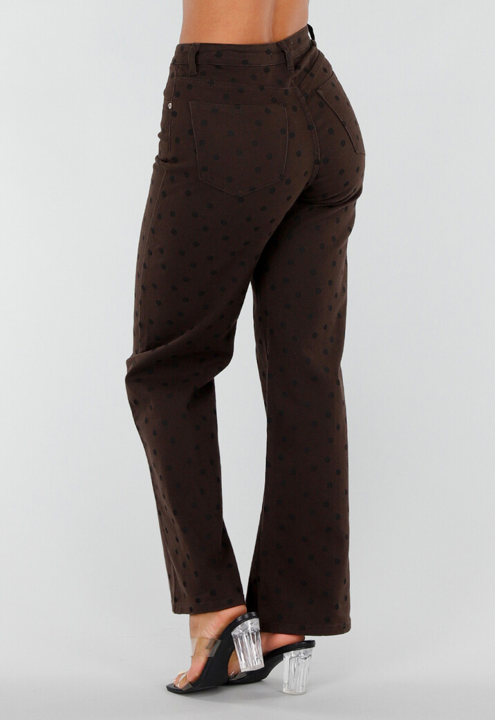 Donkerbruine Denim Straight Leg Jeans met Zwarte Stippen en Hoge Taille