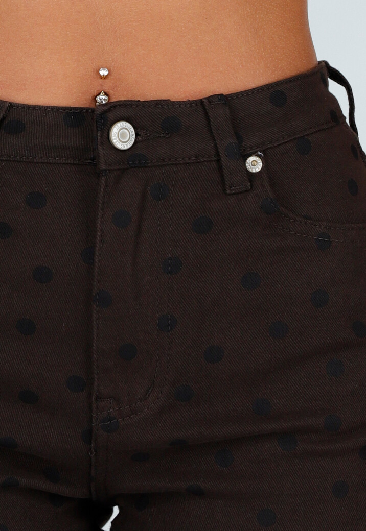 Donkerbruine Denim Straight Leg Jeans met Zwarte Stippen en Hoge Taille