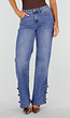 Blauwe Denim Straight Leg Jeans met Knoopbandjes aan de Broekspijpen