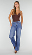 Blauwe Denim Straight Leg Jeans met Knoopbandjes aan de Broekspijpen