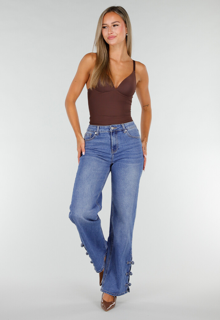 Blauwe Denim Straight Leg Jeans met Knoopbandjes aan de Broekspijpen