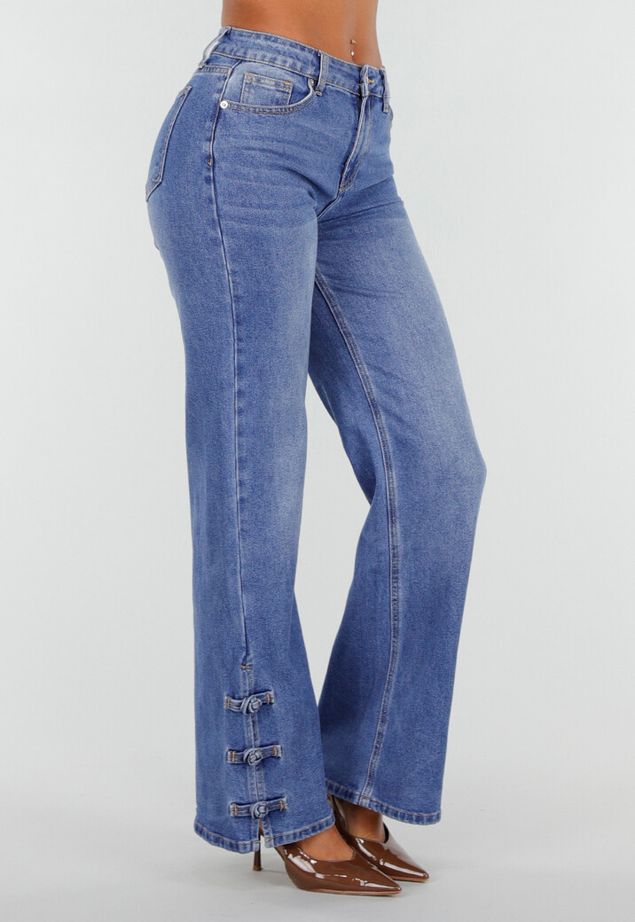 Blauwe Denim Straight Leg Jeans met Knoopbandjes aan de Broekspijpen