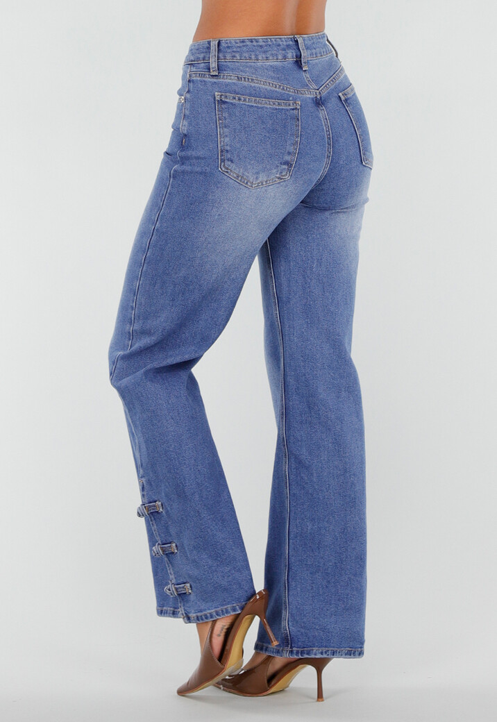 Blauwe Denim Straight Leg Jeans met Knoopbandjes aan de Broekspijpen