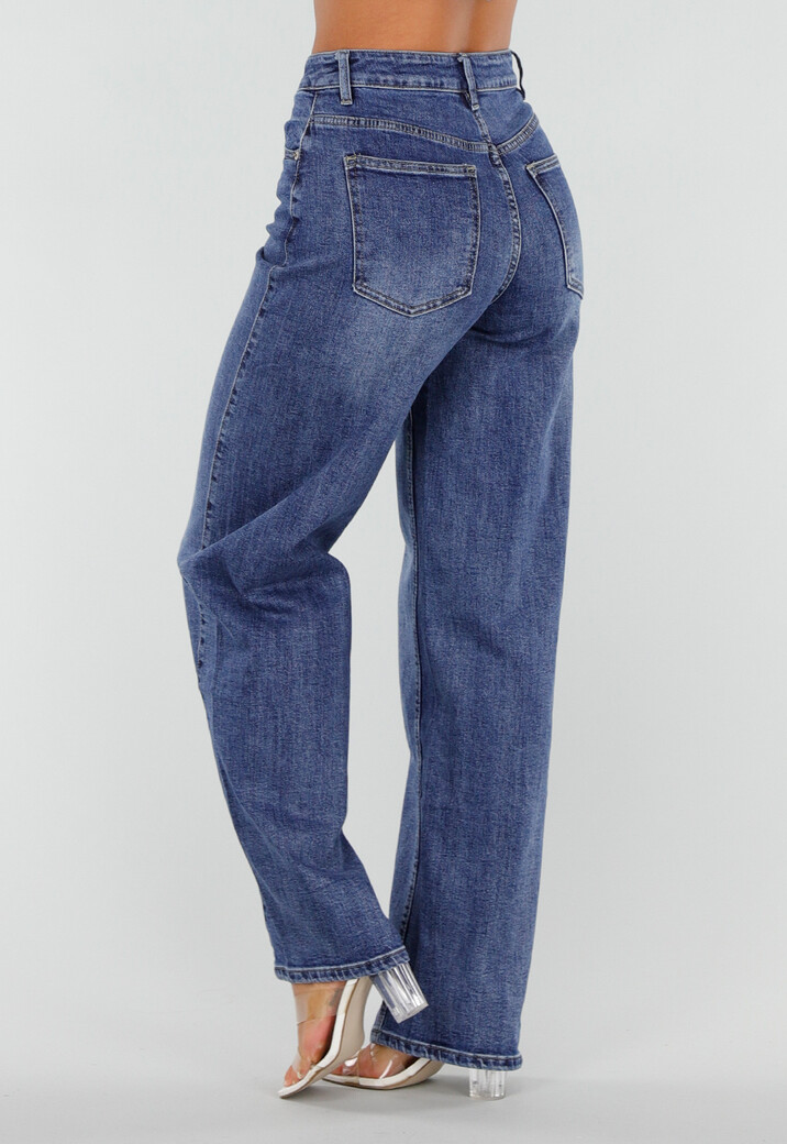 Blauwe Denim Straight Leg Jeans met Hoge Taille en Rechte Pijpen