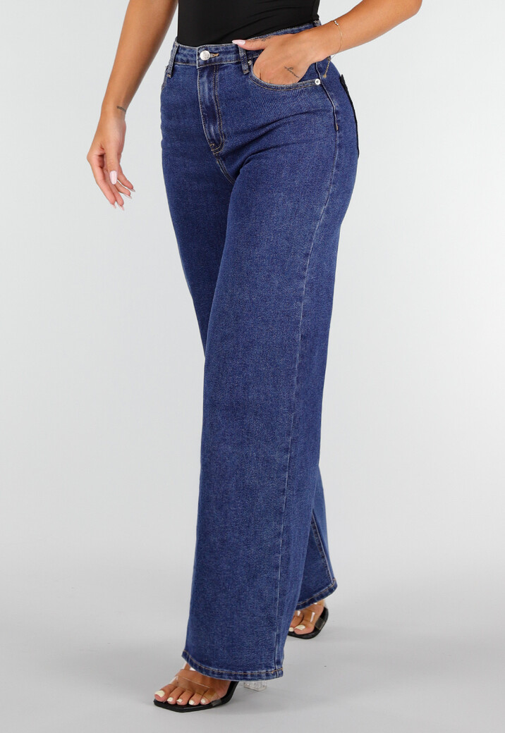 Blauwe Denim Wide Leg Jeans met Zwarte Kanten Achterzakken