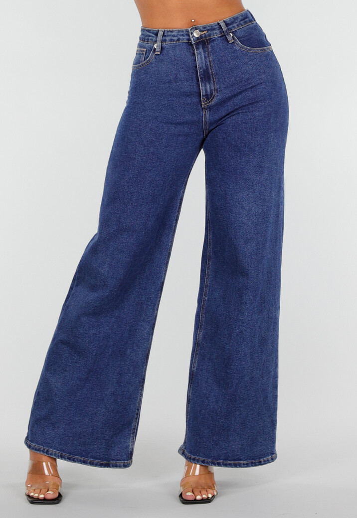 Blauwe Denim Wide Leg Jeans met Zwarte Kanten Achterzakken