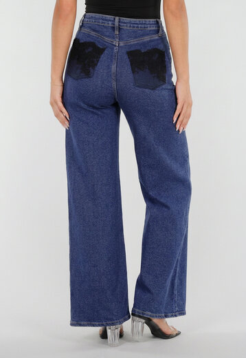 Blauwe Wide Leg Jeans met Kanten Zakken