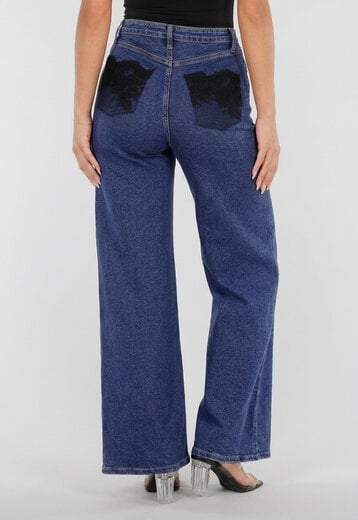 NEW020926 Blauwe Wide Leg Jeans met Kanten Zakken