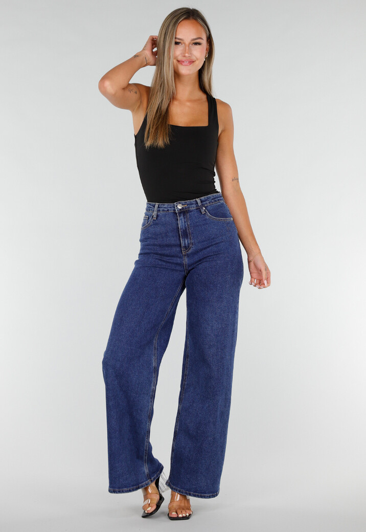 Blauwe Denim Wide Leg Jeans met Zwarte Kanten Achterzakken