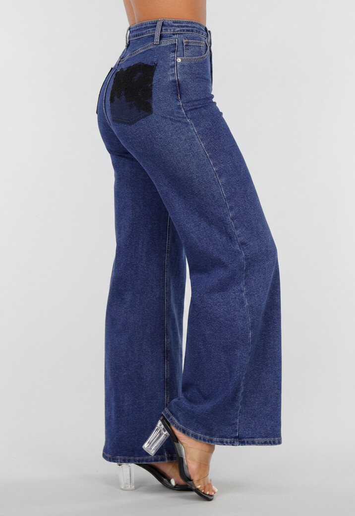 Blauwe Denim Wide Leg Jeans met Zwarte Kanten Achterzakken