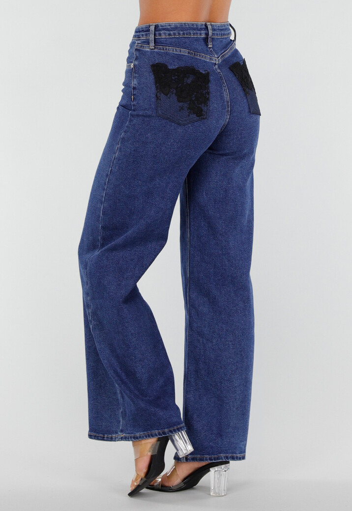 Blauwe Denim Wide Leg Jeans met Zwarte Kanten Achterzakken