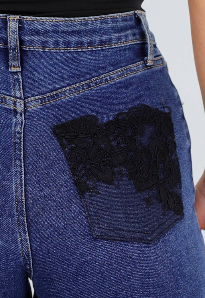 Blauwe Denim Wide Leg Jeans met Zwarte Kanten Achterzakken