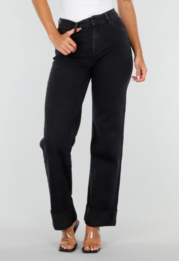 NEW020926 Zwarte Straight Leg Jeans met Omslag