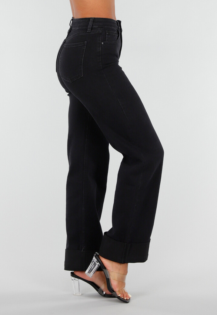 Zwarte Denim Straight Leg Jeans met Brede Omslag