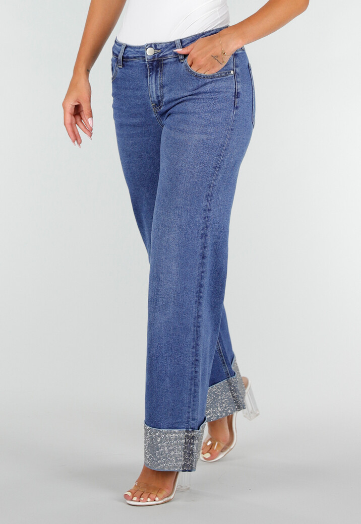 Blauwe Denim Straight Leg Jeans met Glitter Omslag