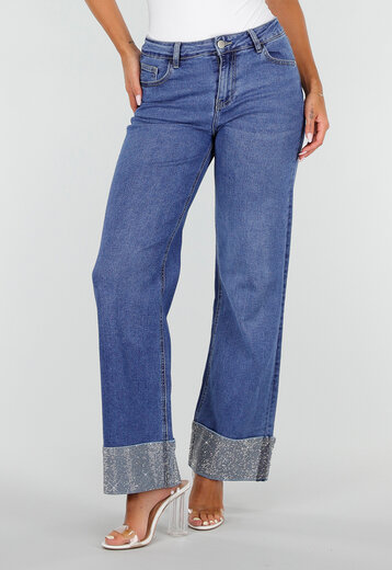NEW020926 Blauwe Straight Leg Jeans met Strass Omslag