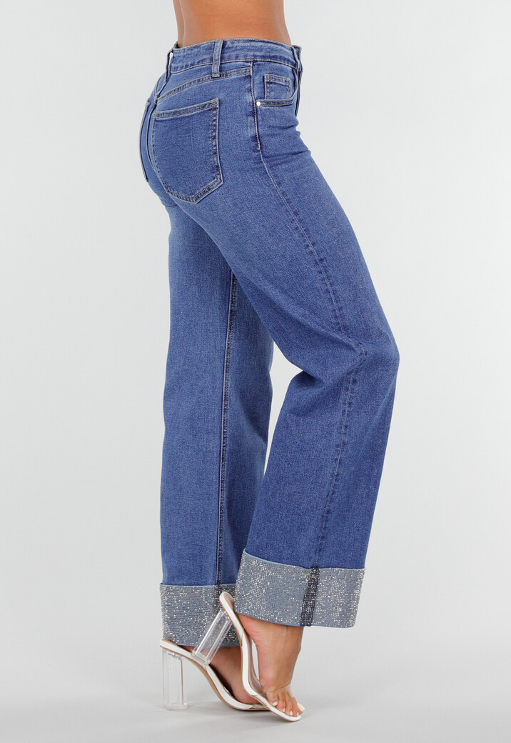 Blauwe Denim Straight Leg Jeans met Glitter Omslag