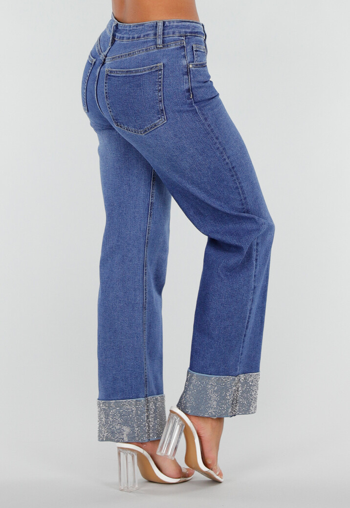 Blauwe Denim Straight Leg Jeans met Glitter Omslag