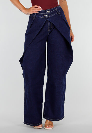 NEW090926 Donkerblauwe Wide Leg Jeans met Overslag