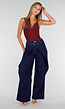 Donkerblauwe Wide Leg Jeans met Overslag Tailleband En Zakken
