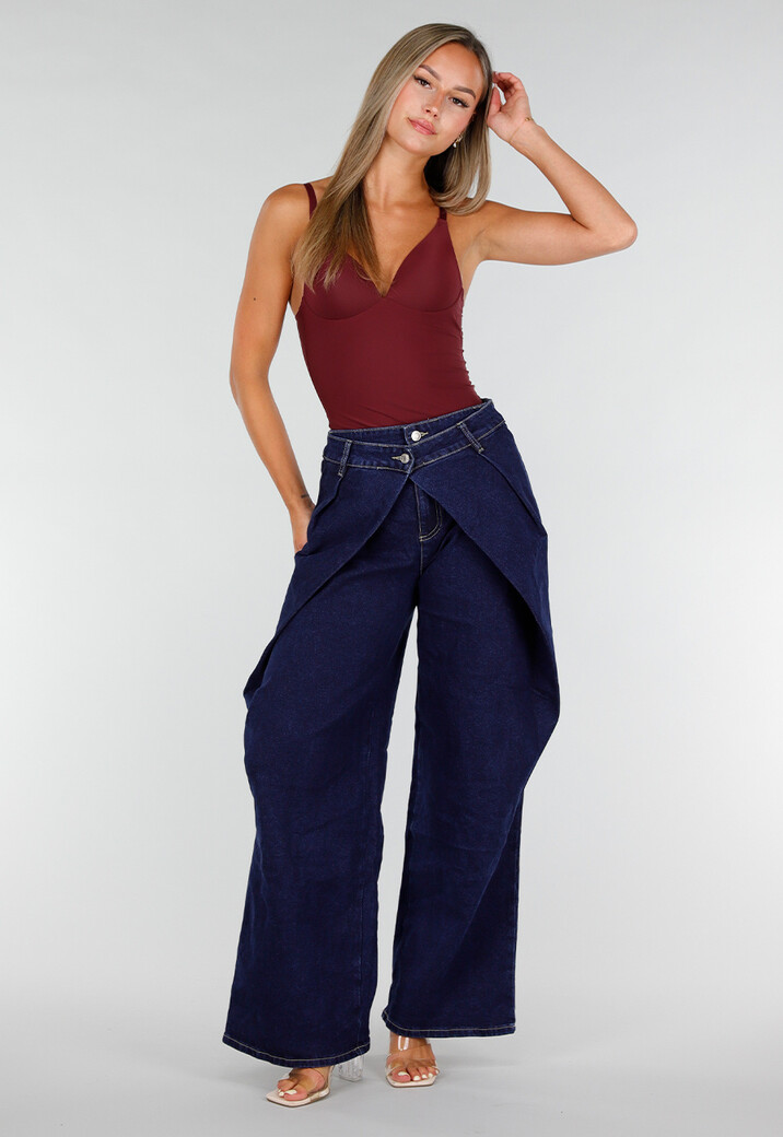 Donkerblauwe Wide Leg Jeans met Overslag Tailleband En Zakken