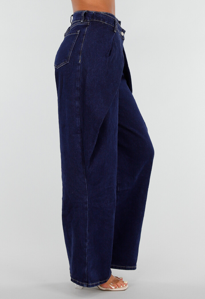 Donkerblauwe Wide Leg Jeans met Overslag Tailleband En Zakken