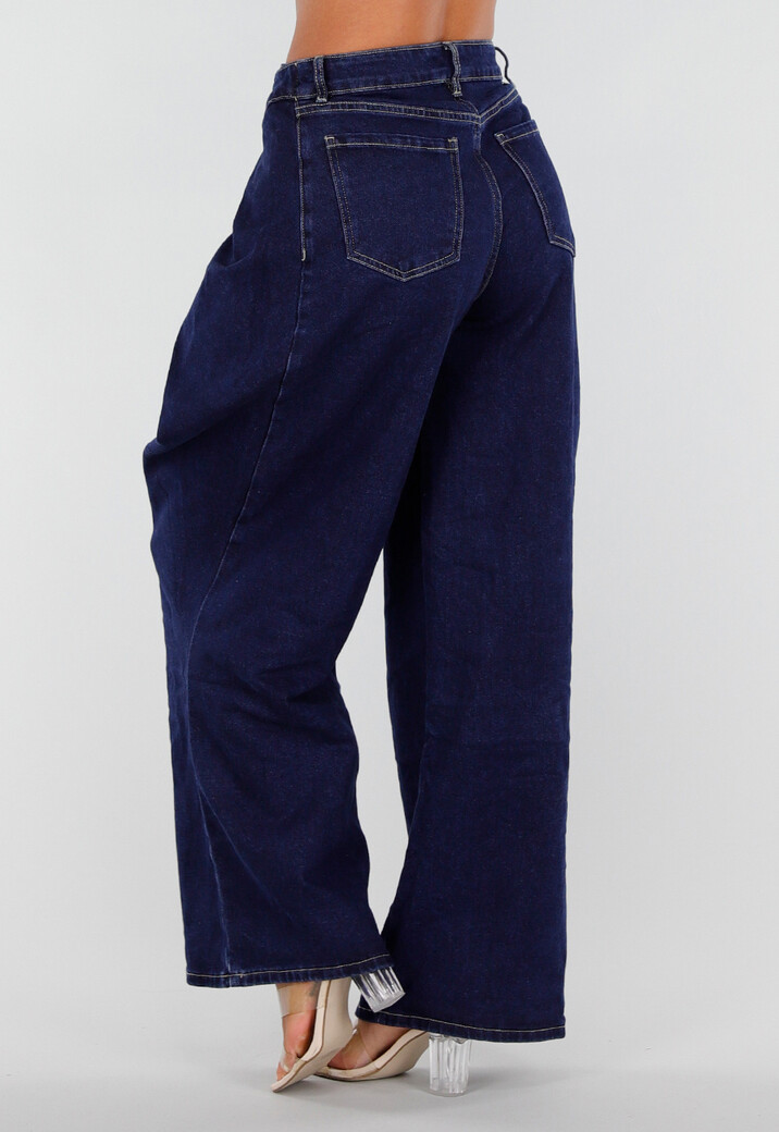 Donkerblauwe Wide Leg Jeans met Overslag Tailleband En Zakken