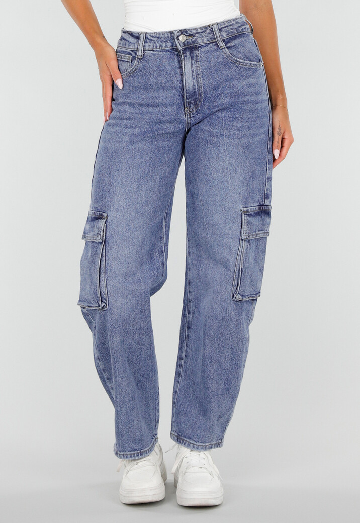 Blauwe Denim Barrel Cargo Jeans met Zijzakken