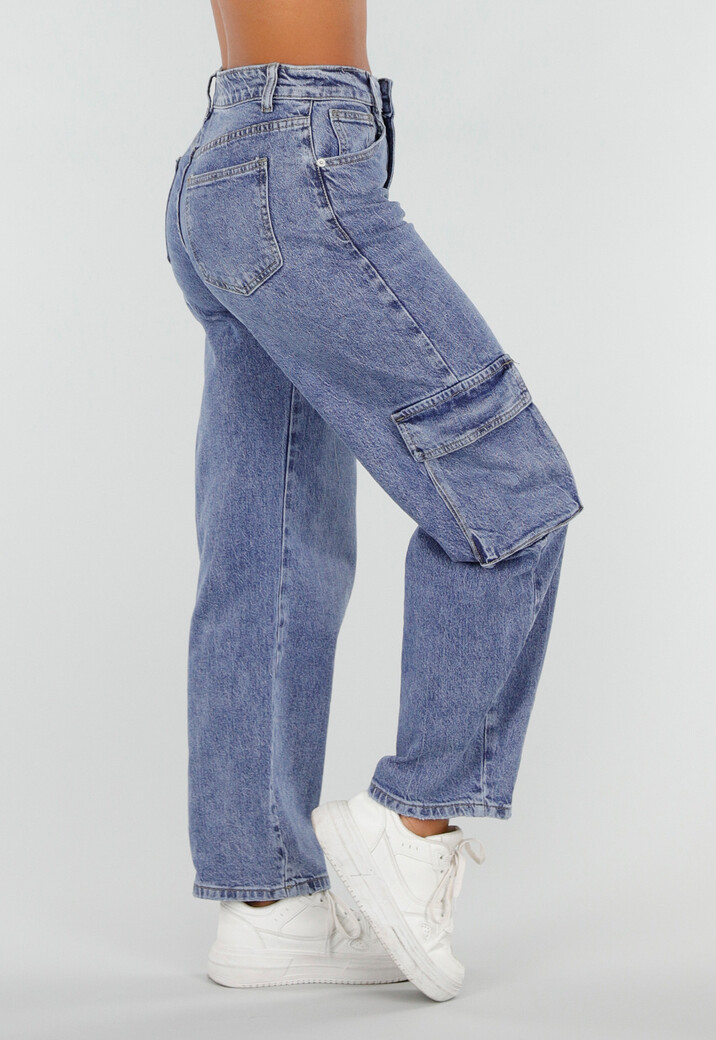 Blauwe Denim Barrel Cargo Jeans met Zijzakken