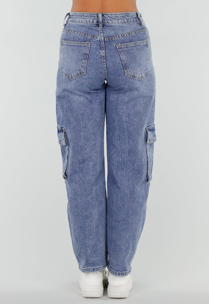 Blauwe Denim Barrel Cargo Jeans met Zijzakken