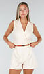 Beige Mouwloze Playsuit met V-Hals, Kraag en Bruine Riem