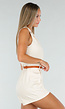 Beige Mouwloze Playsuit met V-Hals, Kraag en Bruine Riem