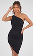 One Shoulder Zwarte Bodycon Jurk met Plooien