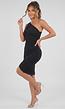 One Shoulder Zwarte Bodycon Jurk met Plooien