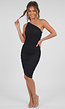 One Shoulder Zwarte Bodycon Jurk met Plooien