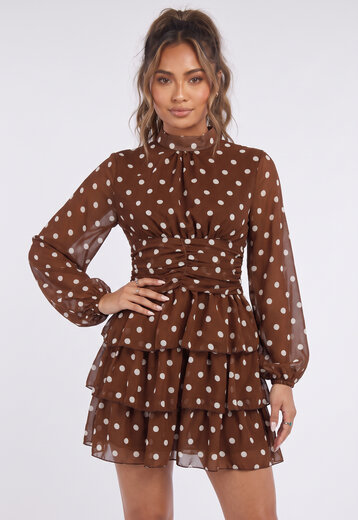 Bruine Polkadot Jurk met Lange Mouwen