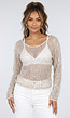 Beige Glitter Top met Lange Mouwen en Ronde Hals