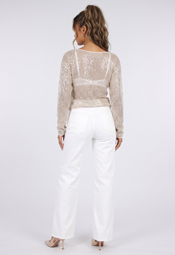 Beige Glitter Top met Lange Mouwen en Ronde Hals