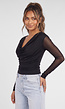 Zwarte Mesh Top met Lange Mouwen en Diepe Watervalhals