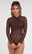 Bruine Mesh Body met Lange Mouwen en Gedrapeerde Hoge Hals