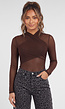 Bruine Mesh Body met Lange Mouwen en Gedrapeerde Hoge Hals