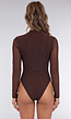 Bruine Mesh Body met Lange Mouwen en Gedrapeerde Hoge Hals