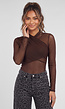 Bruine Mesh Body met Lange Mouwen en Gedrapeerde Hoge Hals
