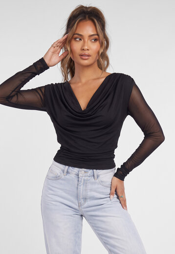 Zwarte Mesh Top met Watervalhals