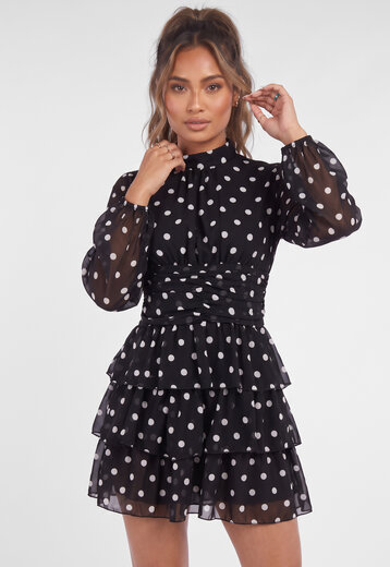 NEW090926 Zwarte Polkadot Mini Jurk met Ruches
