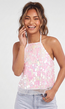 Roze Halter Top met Grote Pailletten en Transparante Onderlaag