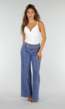Blauwe Wide Leg Jeans met Siernaden en Drie Knopen