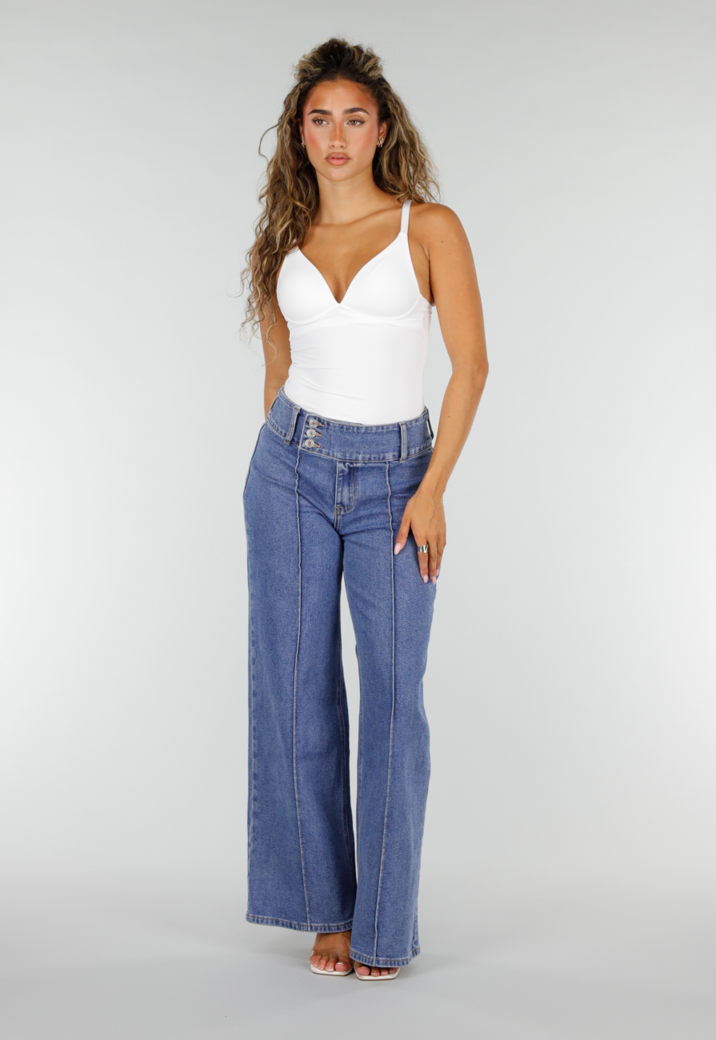 Blauwe Wide Leg Jeans met Siernaden en Drie Knopen