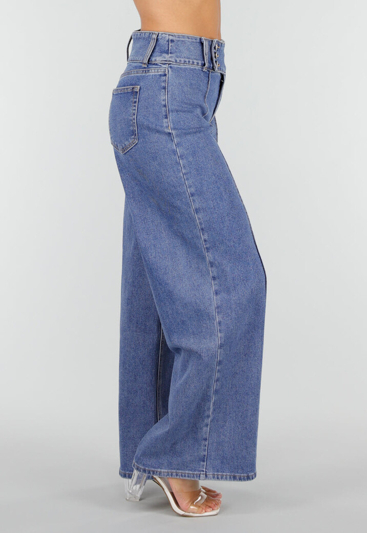 Blauwe Wide Leg Jeans met Siernaden en Drie Knopen